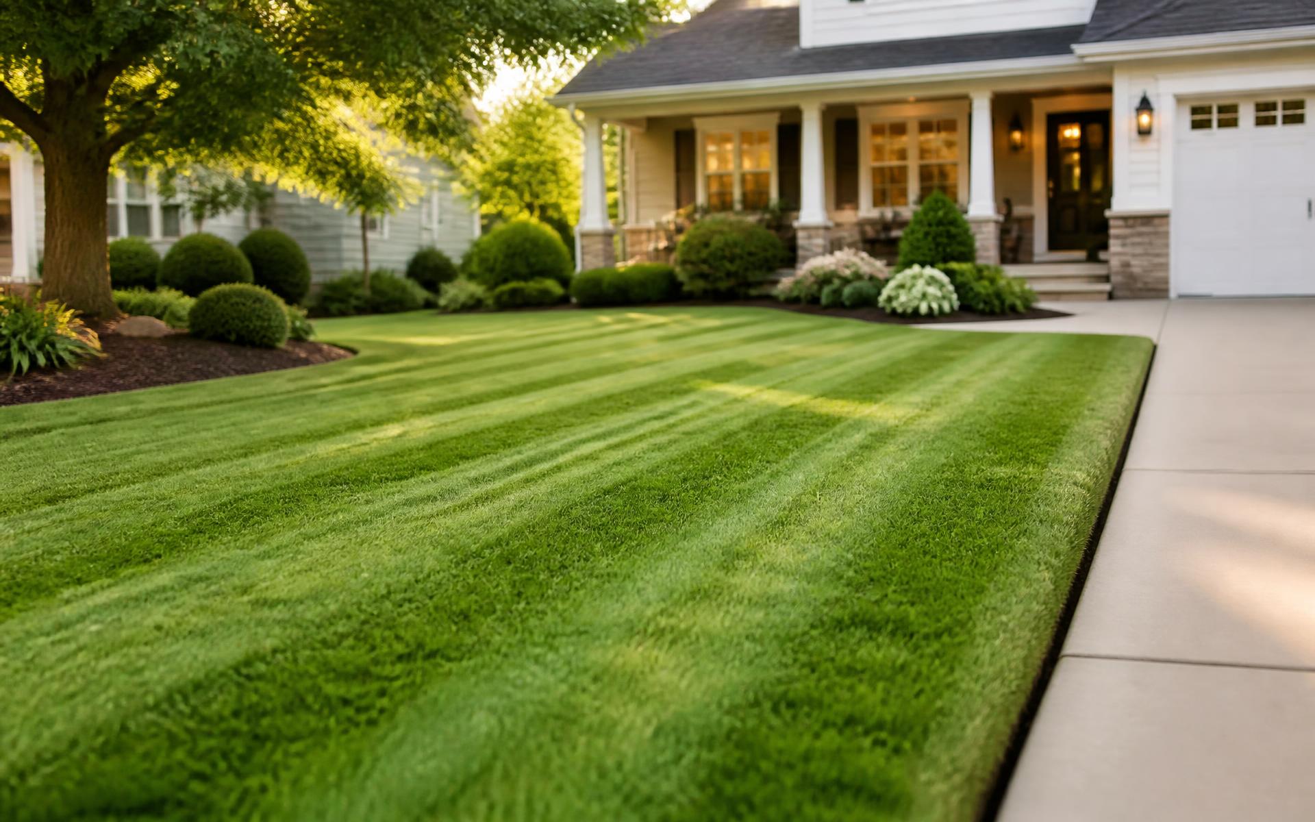 Freshly mowed residential lawn with crisp edging in front of a well-kept home